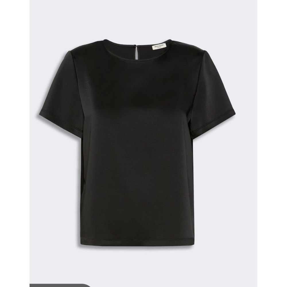 Weekend Stories Black Satin Viscose Short Sleeve Blouse Keyhole Back Top Medium